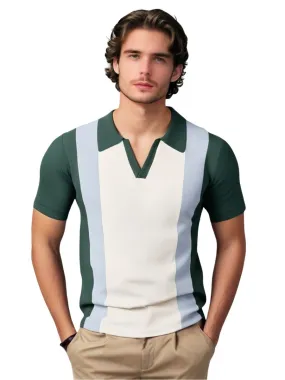 Color Block Ribbed Open Collar Polo