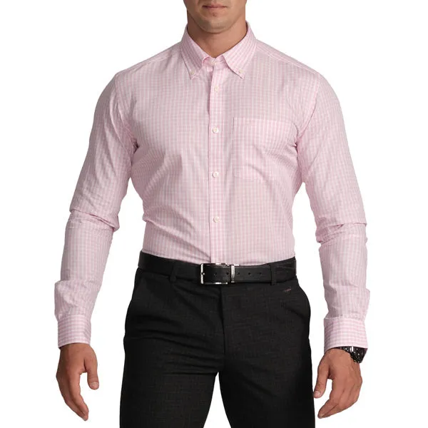 Formal Full Sleeve Slim Fit Button-Down Collar Shirt in Check-Light Pink